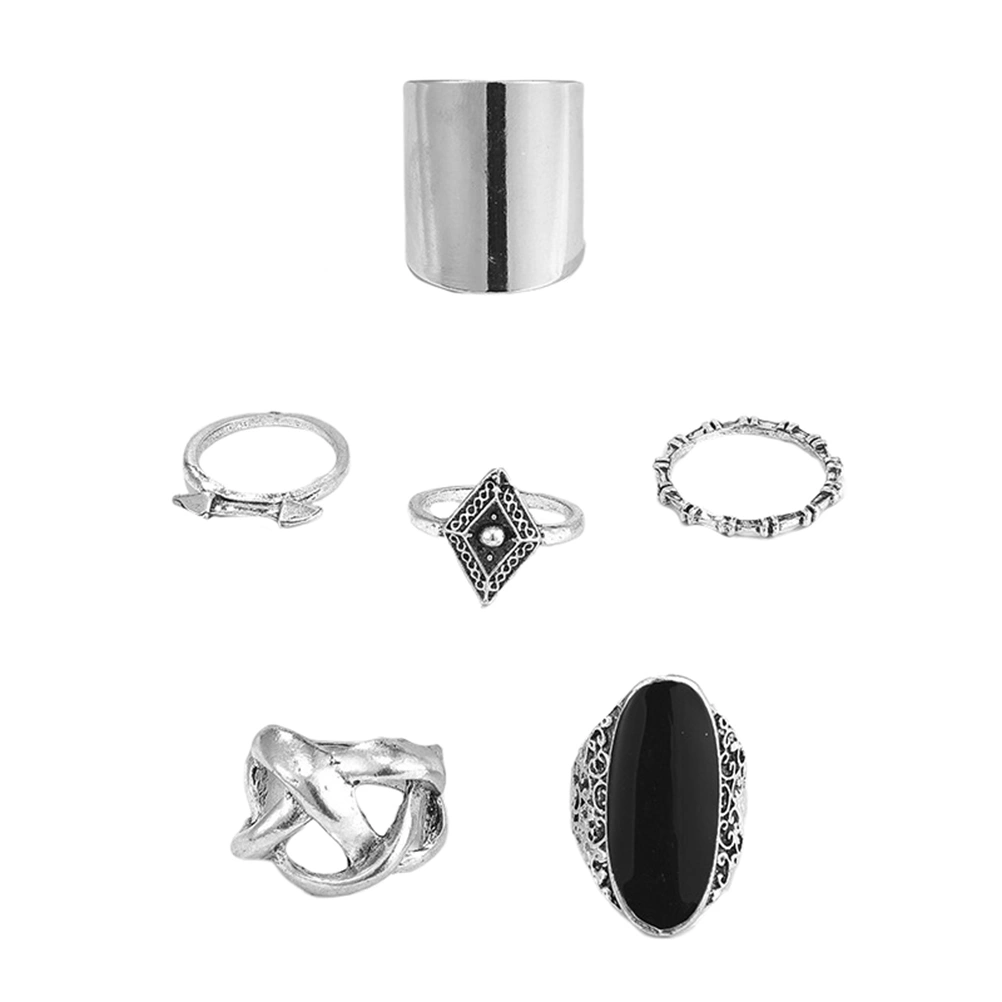 6Pcs Vintage Finger Ring Black Onyx Ring Set Fashion Ring Finger Jewelry Silver