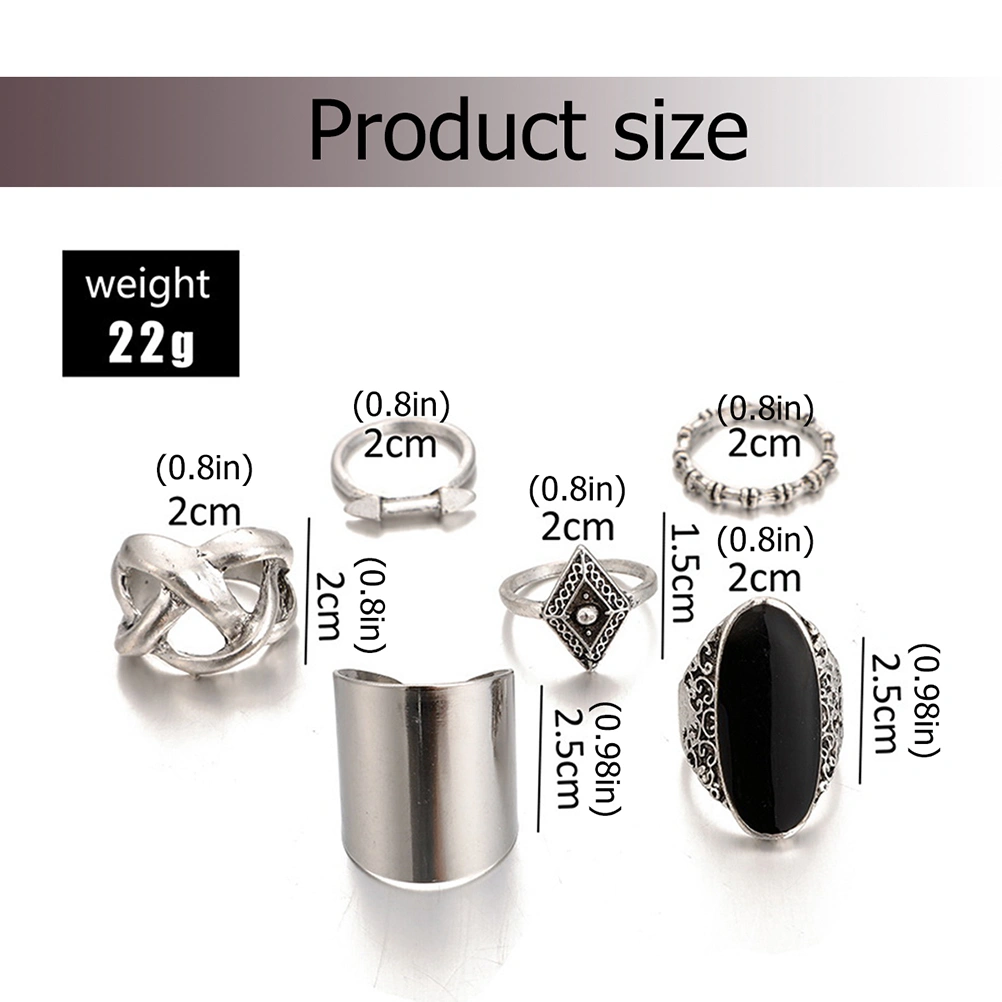 6Pcs Vintage Finger Ring Black Onyx Ring Set Fashion Ring Finger Jewelry Silver