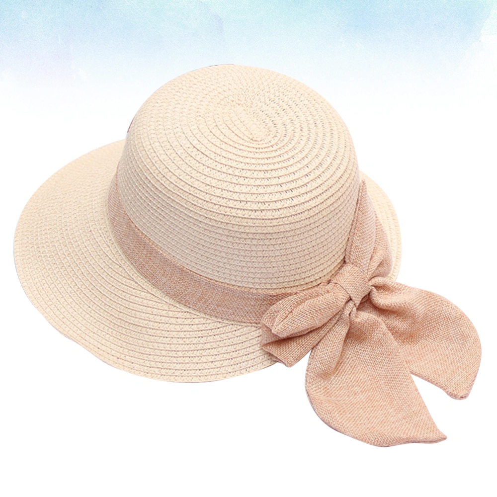 Fashion Women Hat Creative Bowknot Vacation Straw Woven Hat Beach Sun Hat Round Basin (Light Pink, Size M)