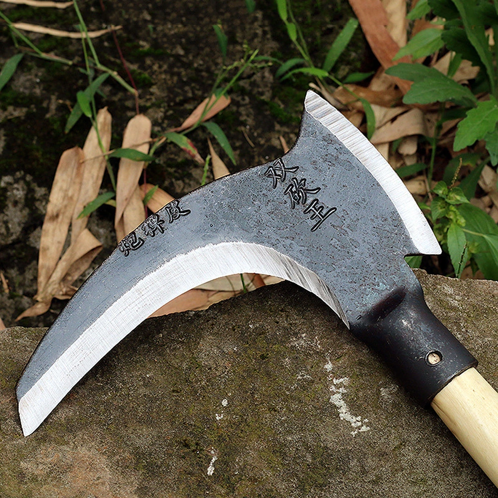 Steel Agricultural Gardening Sickle Dual-use Wooden Handle Hatchet Reaping Hook for Weeding Cultivating (Black)