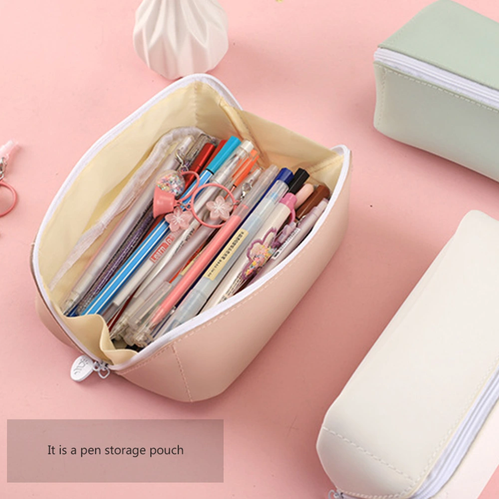 1pc PU Leather Simple Pen Bag Large Capacity Student Stationery Storage Bag