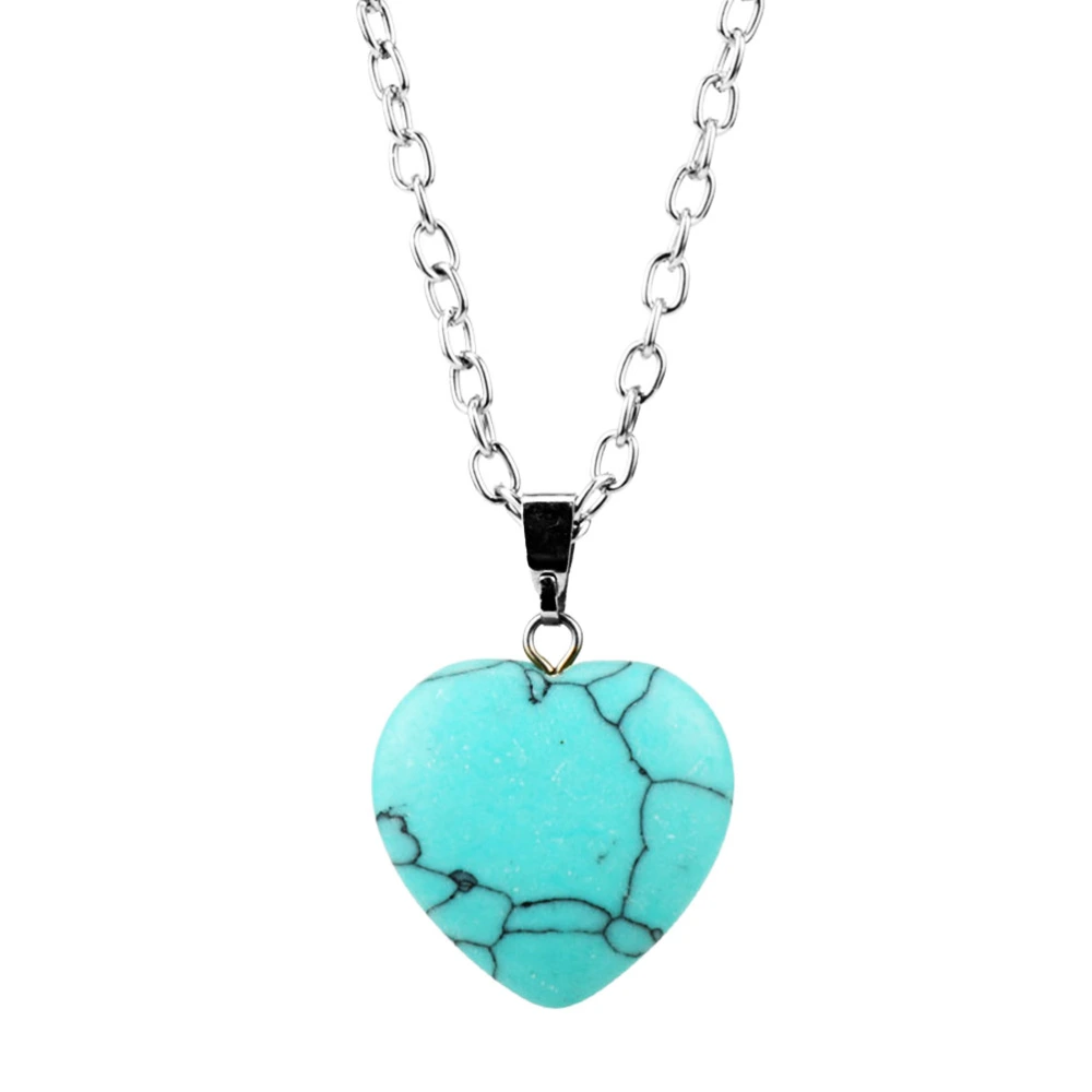 Stylish Natural Stone Love Heart Shape Necklace Pendant for Lover Pink Quartz Crystal Onyx Jewelry (Blue Turquoise)