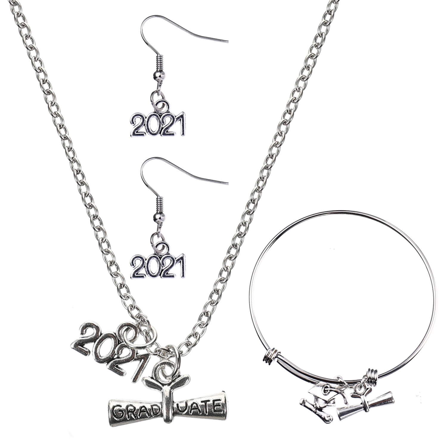 4 Pcs 1 Set Alloy Earrings Elaborate Wrist Chain Sturdy Neck Chain (Silver)