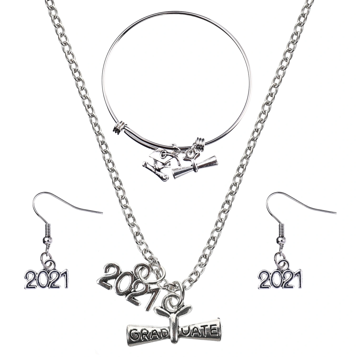 4 Pcs 1 Set Alloy Earrings Elaborate Wrist Chain Sturdy Neck Chain (Silver)