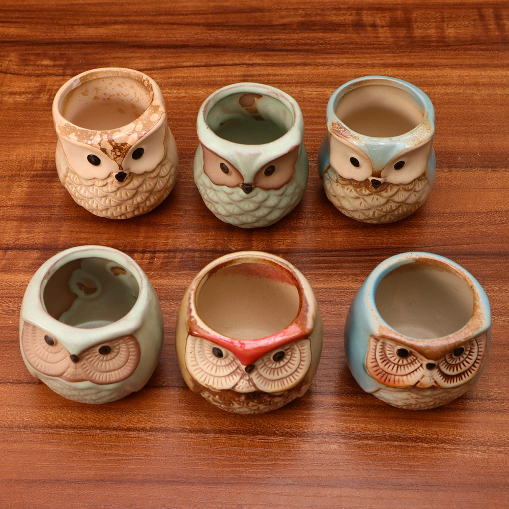 1 Set Mini Ceramic Kiln Flowerpot with Tray Cartoon Owl Succulent Plants Pot Lovely Owl Bonsai Planters Multi-purpose Plant Containers for Home Garden Use Without Plants Assorted Color