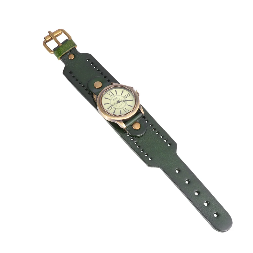 1PC Genuine Cowhide Watch Vintage Roman Literal Wristwatch Stylish Casual Watch Decor Creative Quartz Wrist Watch for Woman Lady Wearing (Green)