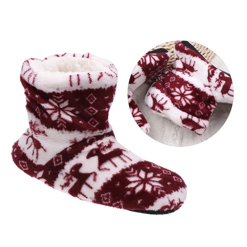 1 Pair Christmas Deer Pattern Boots Coral Fleece Printing Sock Cold Protection Warmer Shoes for Home Adults (Dark Red, 39-41 Size)