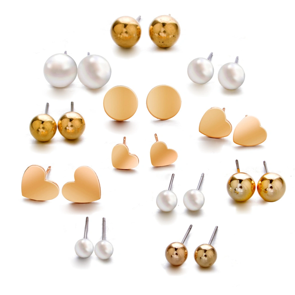 12Pairs Women Earrings Pearls Love Heart Shape Simple Ear Rings Temperament Girls Jewelry Decor