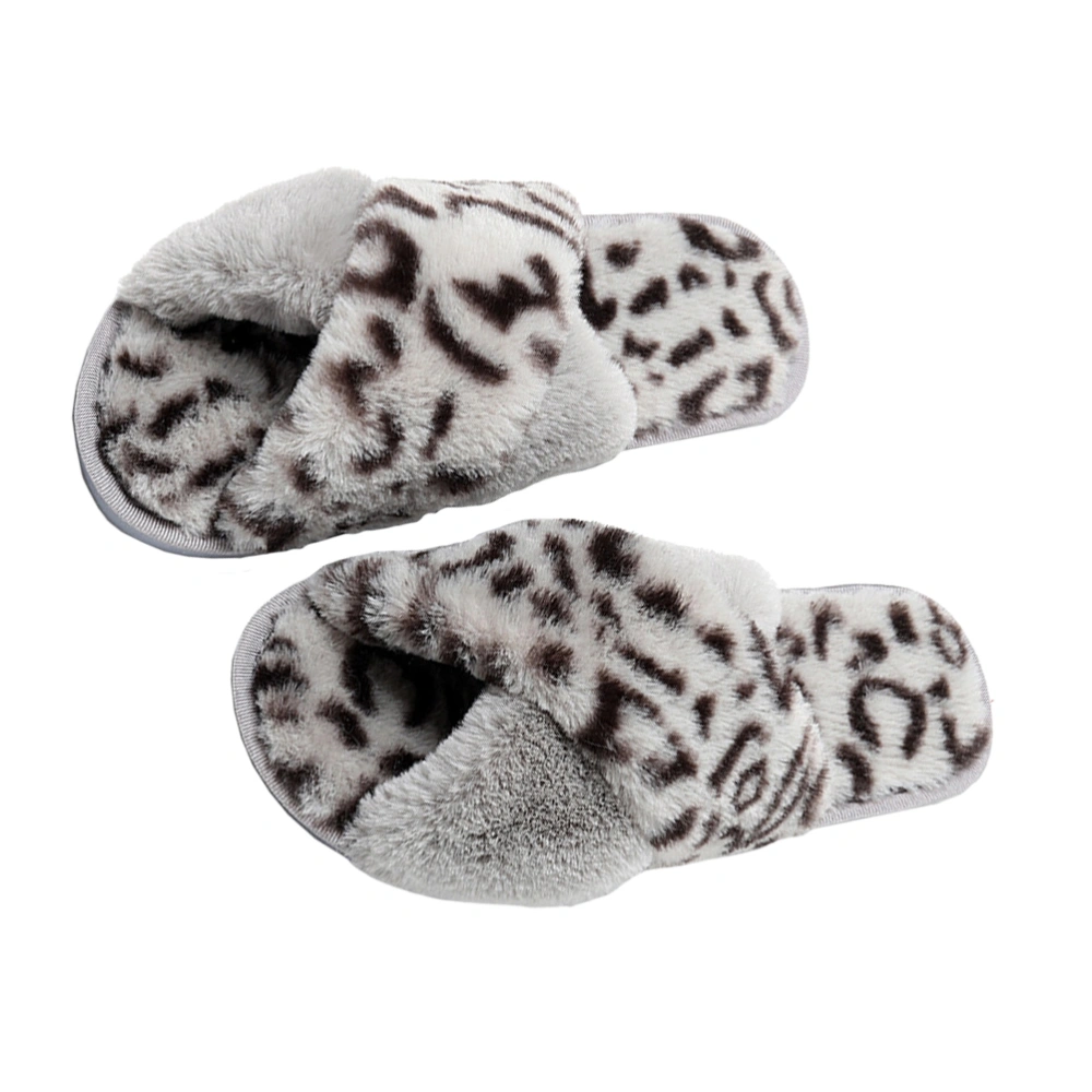 Grey Cross Leopard Slippers Woman Fluffy Shoes Keep Warm Loafer for Autumn Winter Woman (Suitable for Size 40-41)