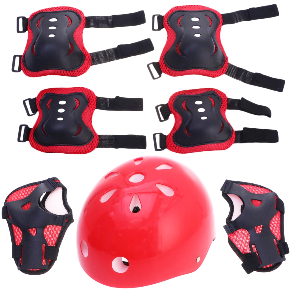 1 Set Riding Helmet Outdoor Protector Cycling Skateboard Protective Gear Knee Pad Elbow Pads Sports Protective Pads (Red, 1pc Helmet, 7pcs Protective Gears)