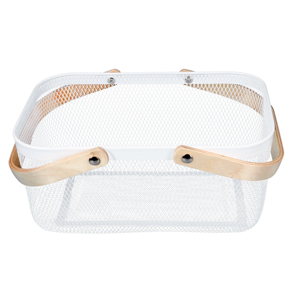 1Pc Iron Wooden Handheld Storage Basket Simple Hollow-out Picnic Basket White