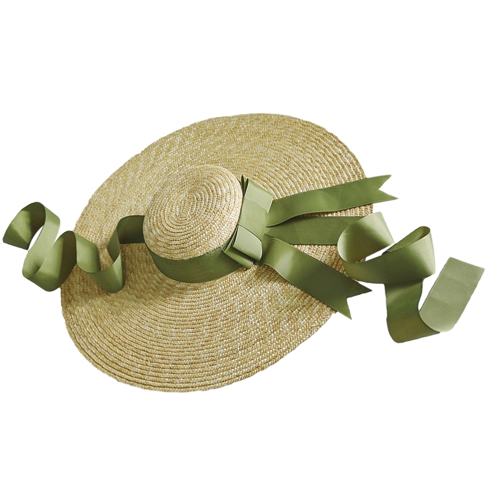 Large Eaves Wheat Straw Woven Hat Flat Bowknot Strap Beach Sun Protection Straw Hat (Assorted Color)