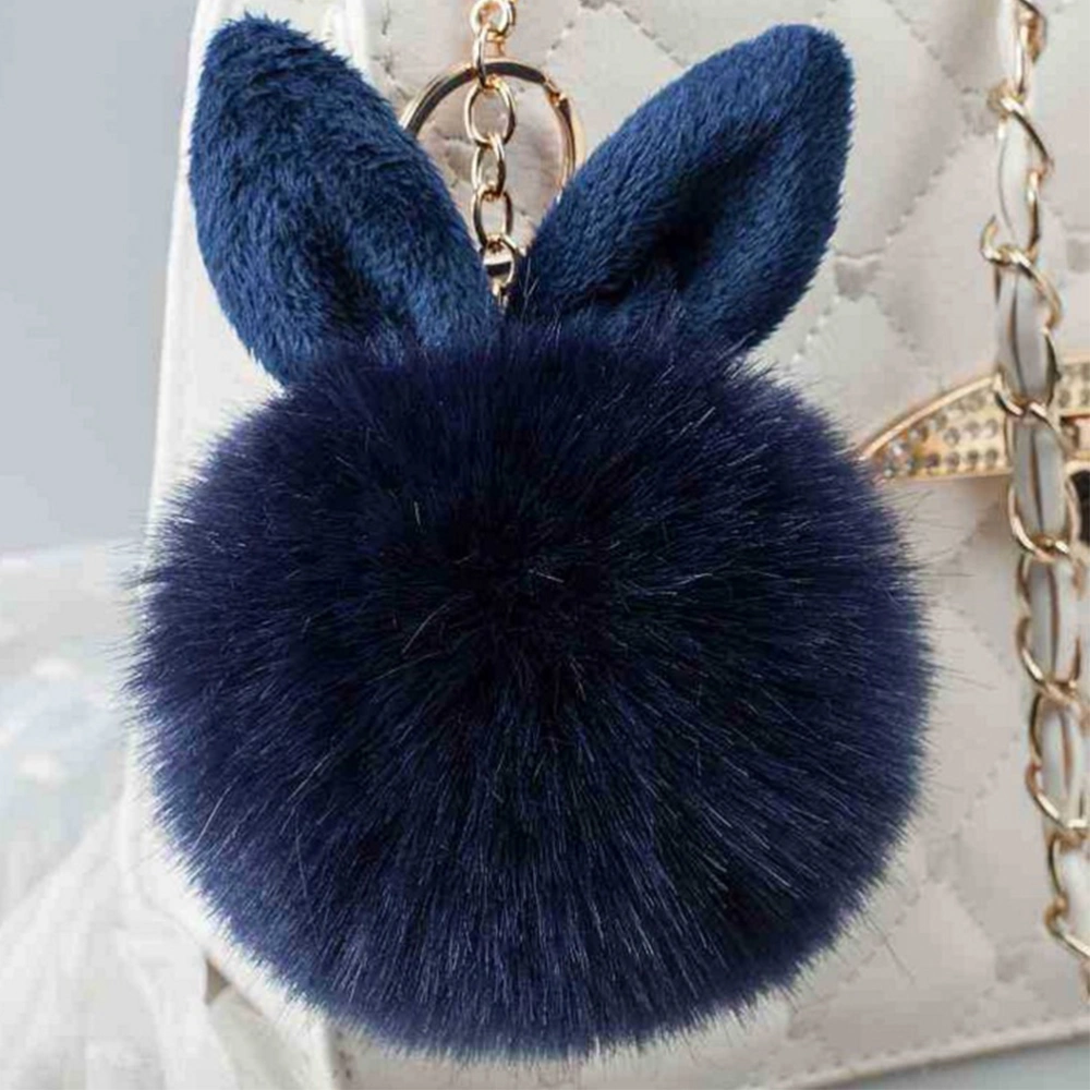 Pom Pom Fur Ball Keychain Rabbit Ear Keyring Bag Charm Decoration (Navy Blue)