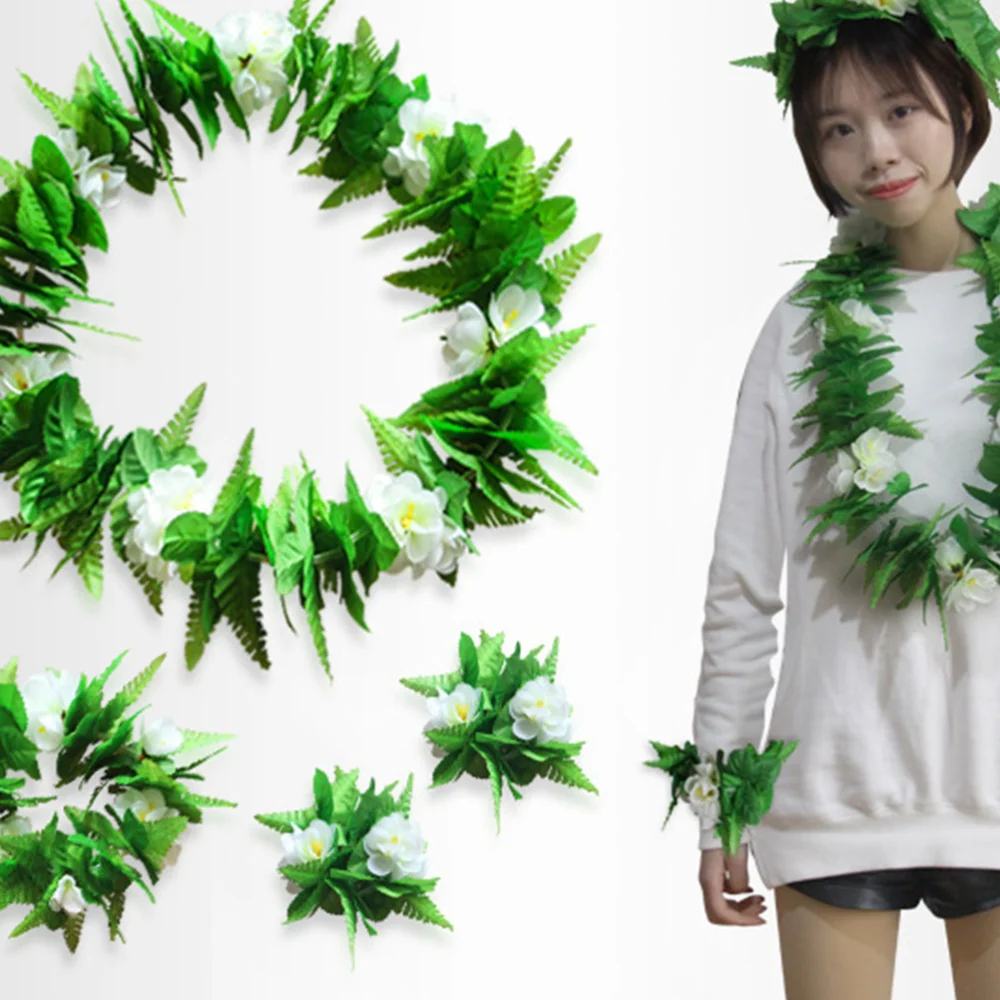 Leafy Wreath Hawaiian Party Garland Performance Costume Party Fancy Supplies for Party Beach Celebration (Green, Neck Ring)