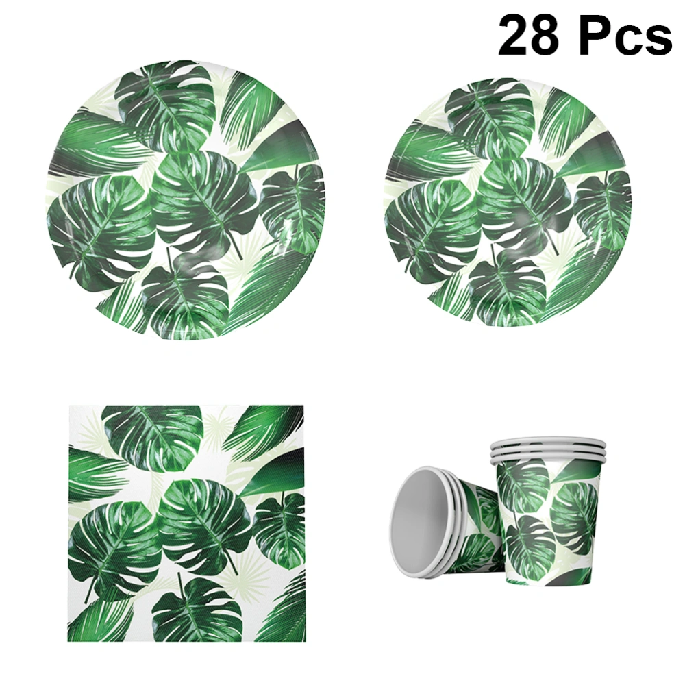 28pcs Hawaiian Theme Disposable Tableware Paper Cup Monstera Leaf Printing Plates Napkins Set Dinnerware Set Festival Summer Party Supplies(6pcs 7 Inches Plate, 6pcs 9 Inches Plate, 6pcs Paper Cup and 10pcs Napkins)