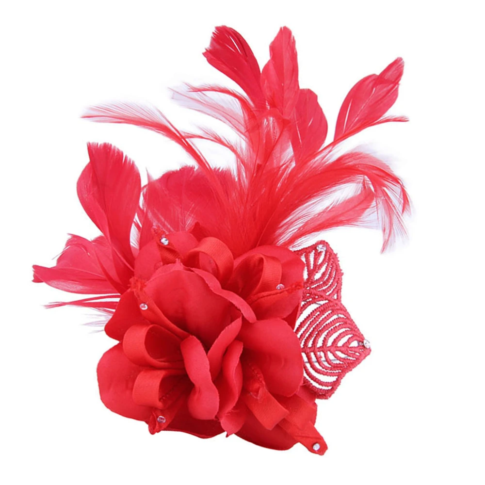 1PC Cloth Flower Feather Brooch Elegant Breastpin Hairpin for Women Lady Girls (Red)