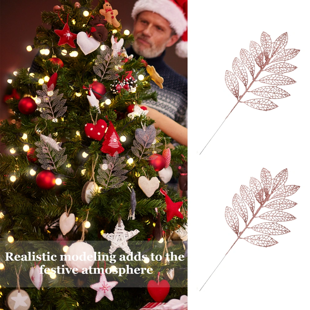 5pcs Christmas Decor Artificial Plant Leaves Hollow Out Glitter Power Leaves