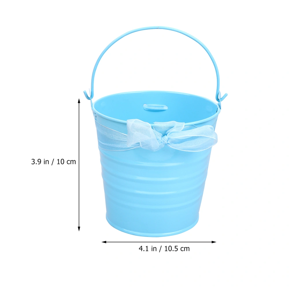 2pcs Gardening Flower Bucket Small Iron Sheet Bucket Kid Gardening Bucket for Home (Blue with Ribbon)