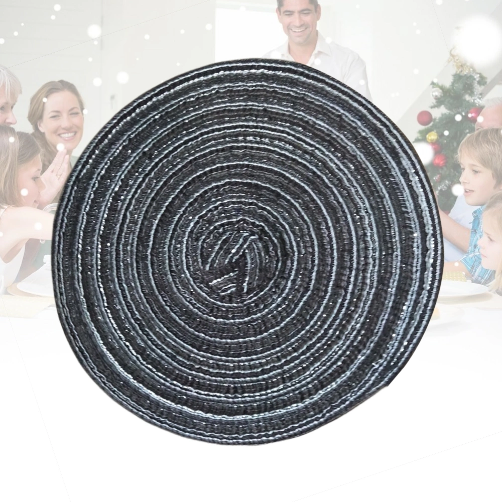 Round Cotton Linen Woven Placemat Western Food Pad Kitchen Non-slip Heat Resistant Coaster Table Mat for Dining Table (Black, S)