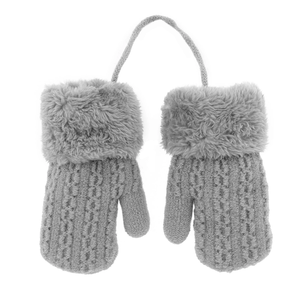 Kids Winter Warm Gloves Double Layer Knitted Gloves Plush Hanging Gloves (Light Grey, 1-4 Years Old)