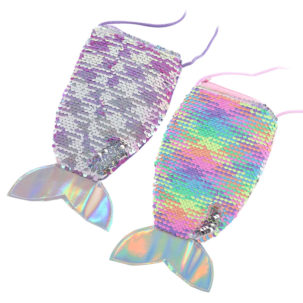2pcs Fish Tail Design Shoulder Pouch Adorable Sequin Phone Bag Fashion Kids Coin Bag Girl Storage Bag Portable Purse (Colorful and Purple, 1pc for Each Color)