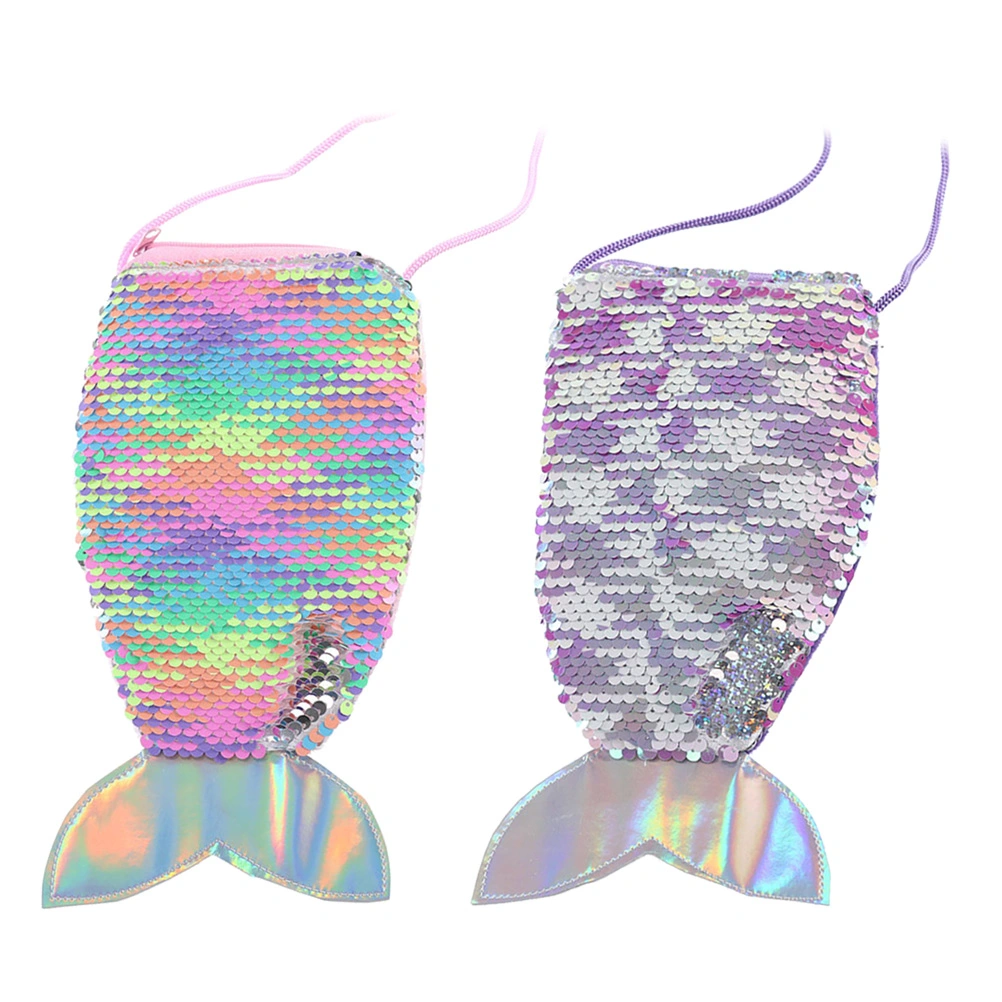 2pcs Fish Tail Design Shoulder Pouch Adorable Sequin Phone Bag Fashion Kids Coin Bag Girl Storage Bag Portable Purse (Colorful and Purple, 1pc for Each Color)