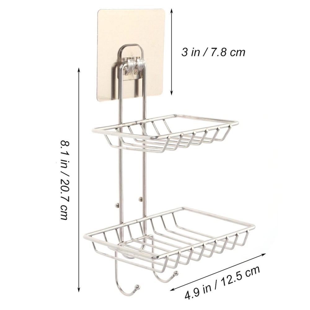 Double Deck Soap Dish Holder Stainless Steel Shower Storage Toilet Soap Storage Shelves with Suction Cups Two Hooks for Bathroom Kitchen