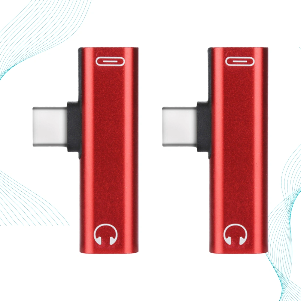 2pcs Type C to TypeC Dual Type-C USB-C Type C To 3.5mm Aux Jack Audio Adapter Earphone Charging Converter for Phone (Red)