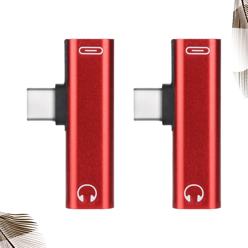 2pcs Type C to TypeC Dual Type-C USB-C Type C To 3.5mm Aux Jack Audio Adapter Earphone Charging Converter for Phone (Red)