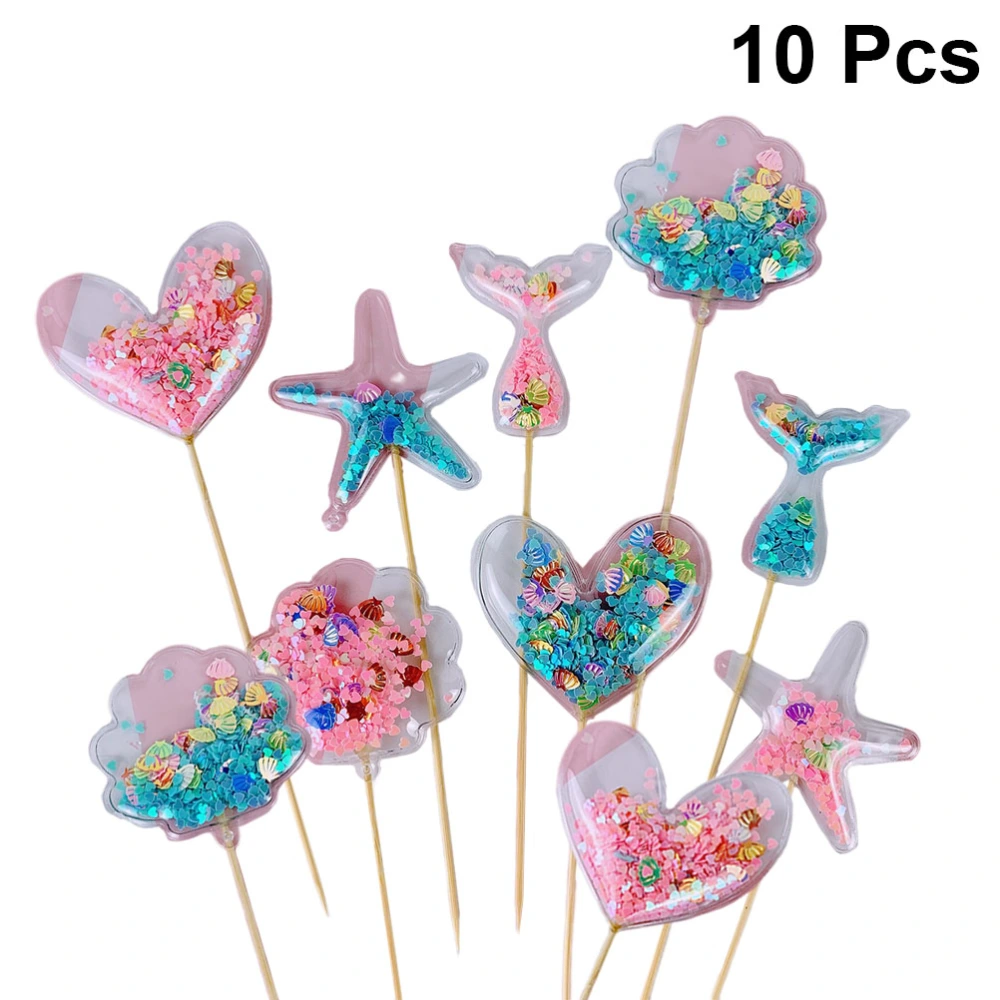 10pcs PVC Transparent Airbag Cake Pick Star Love Shiny Cupcake Topper Dessert Party Supplies for Birhday Wedding (Random Pattern)