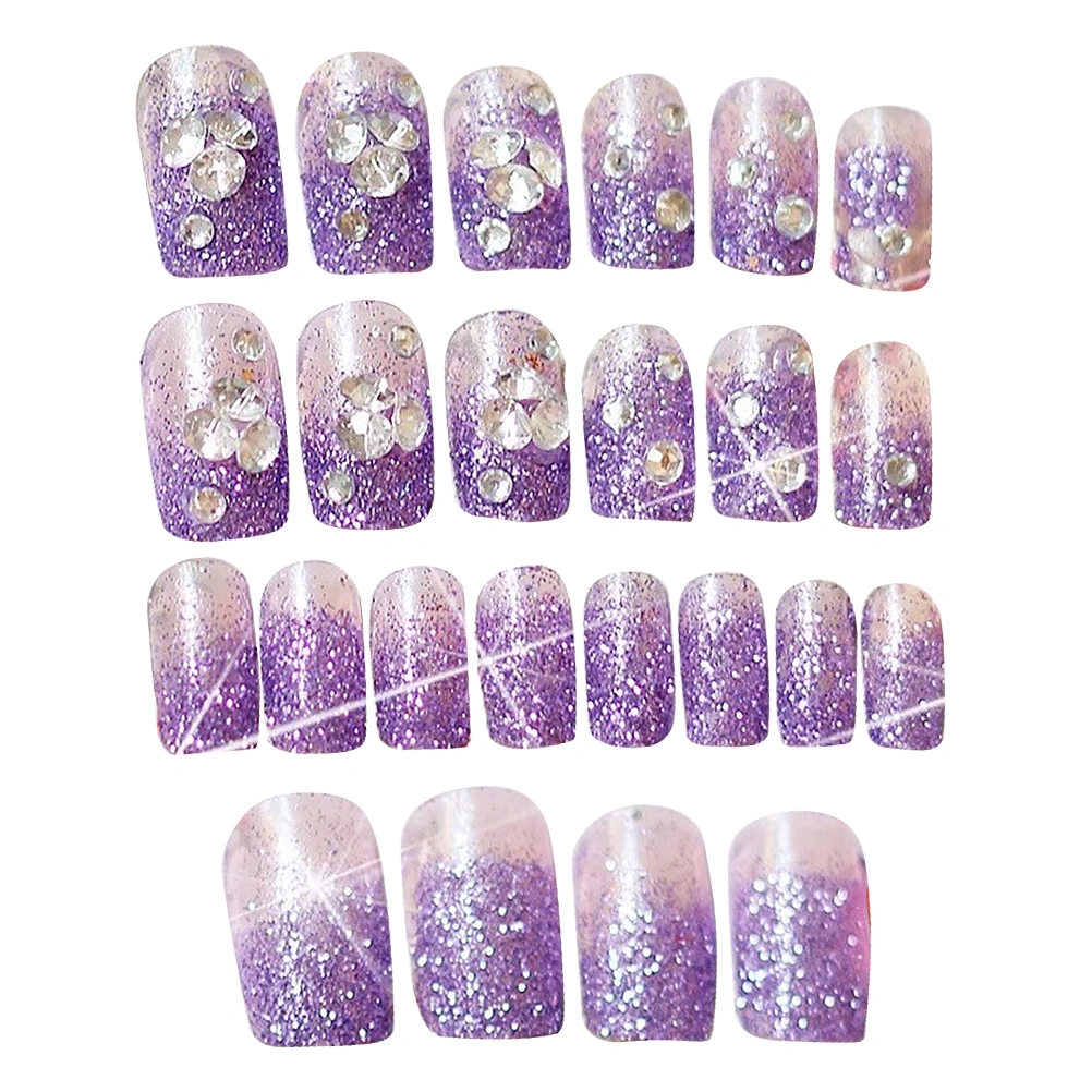 Glitter Purple Fakes Nails Natural False Nail Tip Artificial French Fingernails for Women Girls (24pcs/Box)