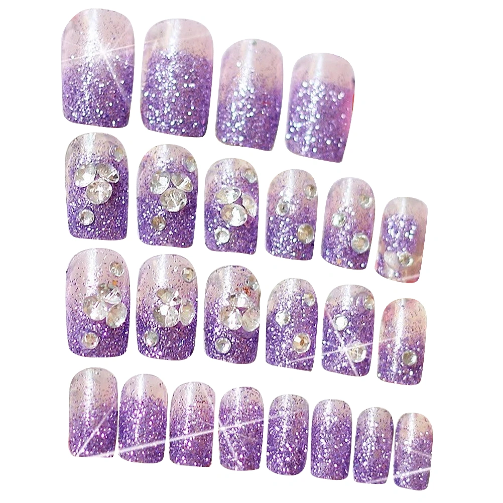 Glitter Purple Fakes Nails Natural False Nail Tip Artificial French Fingernails for Women Girls (24pcs/Box)