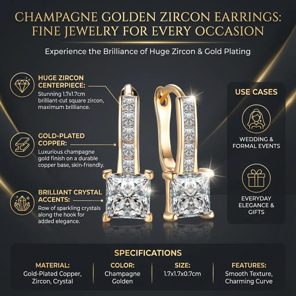 Gold-plated Earrings Shiny Huge Zircon Earrings Wedding Party Fine Jewelry for Women(Champagne Golden)