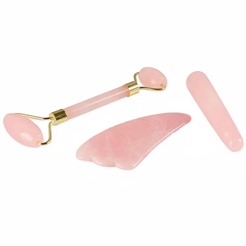 1 Set Face Roller Jade Rose Quartz Massage Stone Thin Face Massage Beauty Apparatus (Rose Quartz Massage Stick Roller Massage Horn Massage Board)