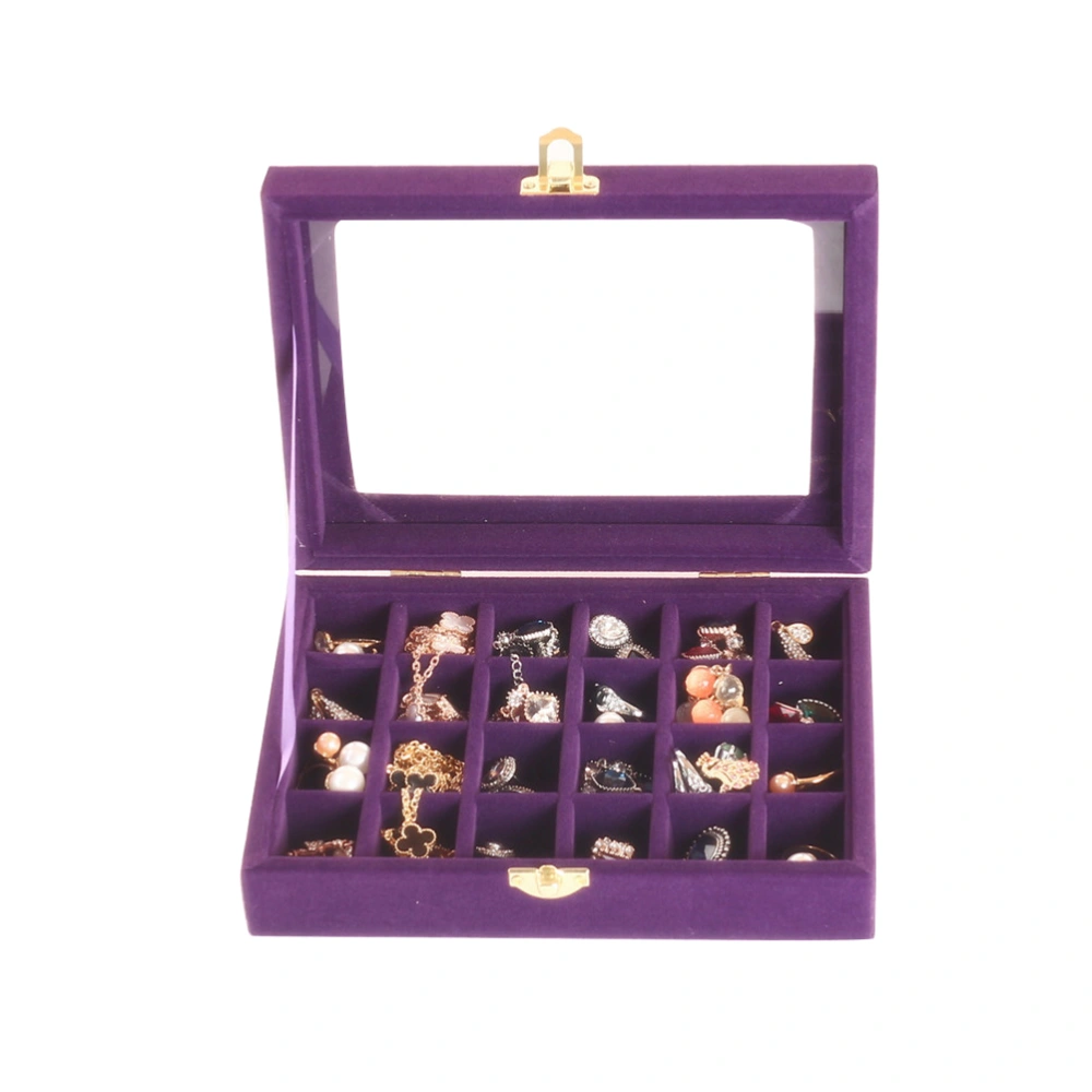 Organizer Case Box with Gold Single Buckle 24 Trumpets Holder Storage Glass Earrings Rings Jewelry Display (Purple)