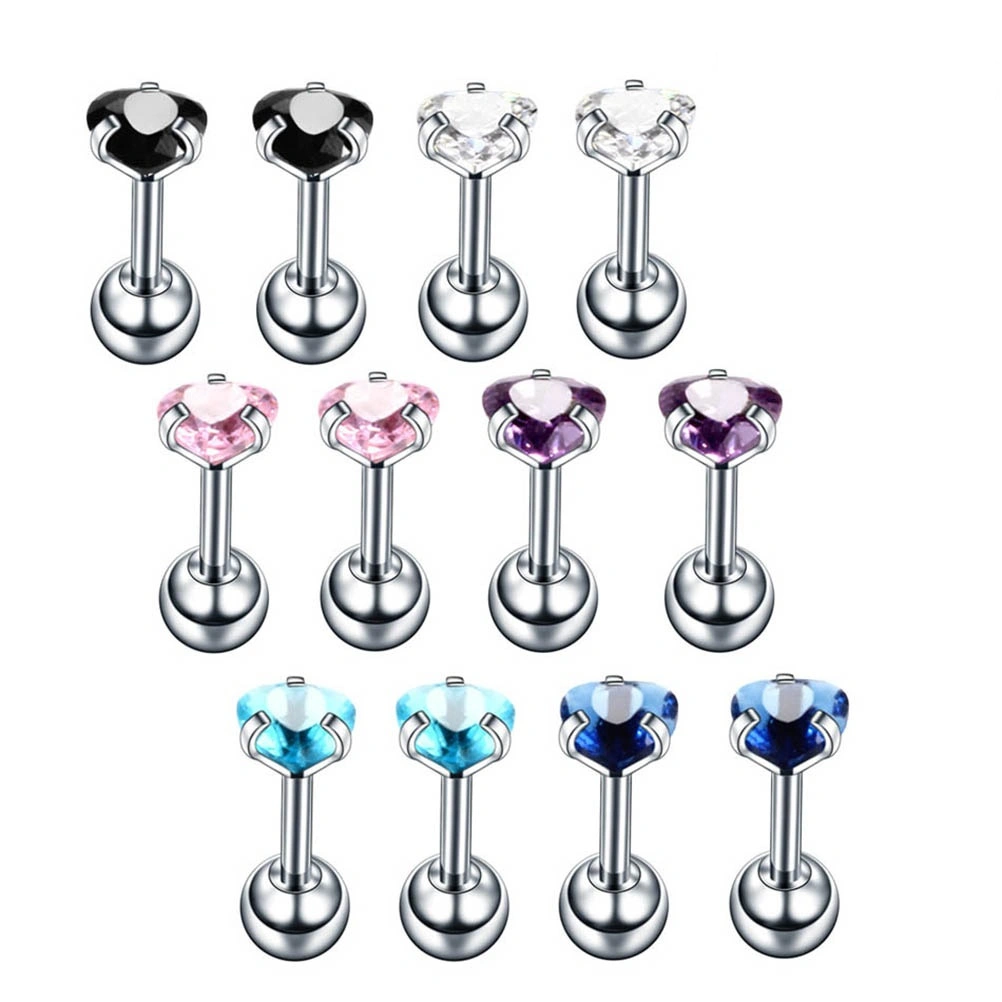 12pcs Stainless Steel Heart Shape Barbell Ear Cartilage Tragus Helix Stud Earring Piercing Surgical Steel Zircon Multicolor Ear Studs