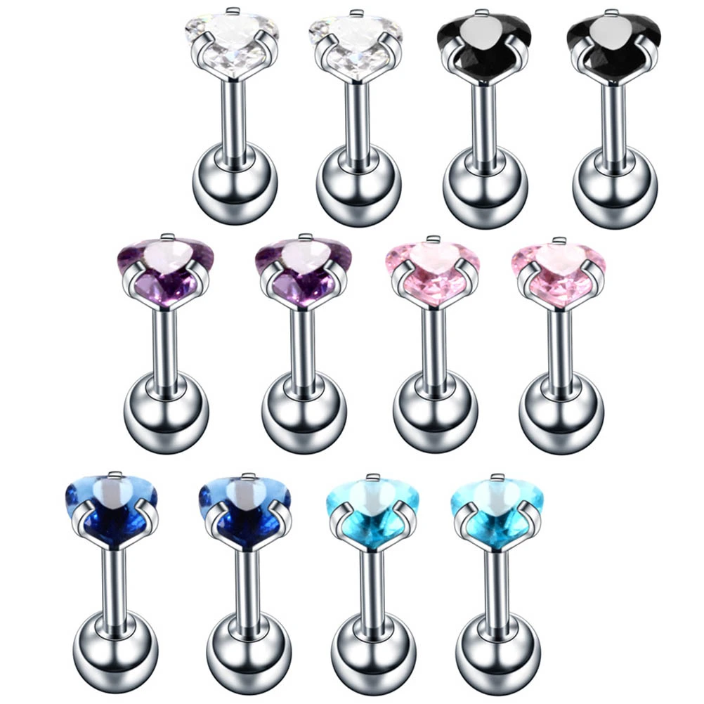 12pcs Stainless Steel Heart Shape Barbell Ear Cartilage Tragus Helix Stud Earring Piercing Surgical Steel Zircon Multicolor Ear Studs