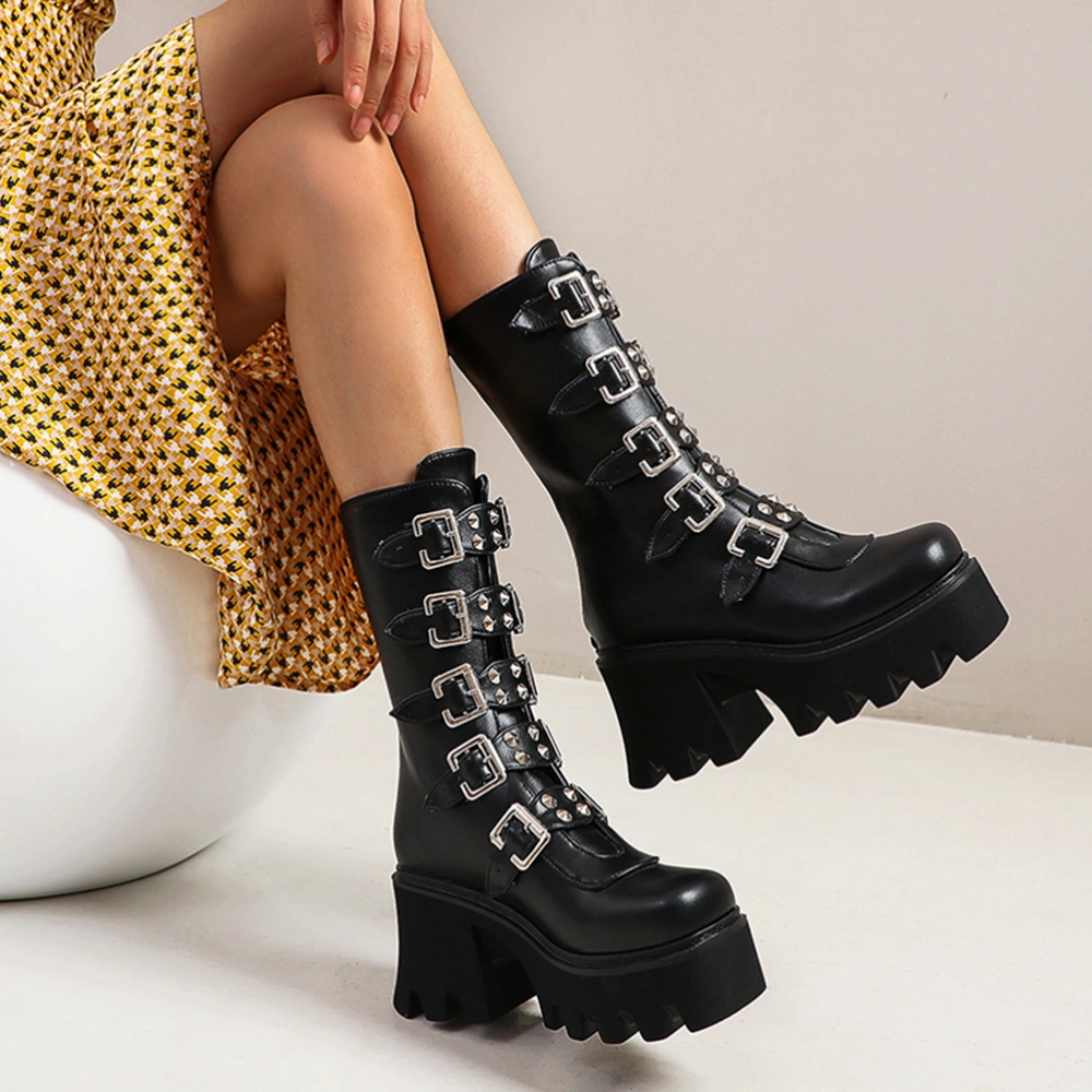 1 Pair Female Thick Sole Middle Tube Boots Autumn Winter Lady Boots (Black)