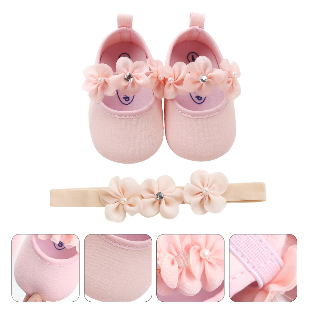 1 Set Baby Walking Soled Shoes Kid Pearl Flower Shoes Headdress