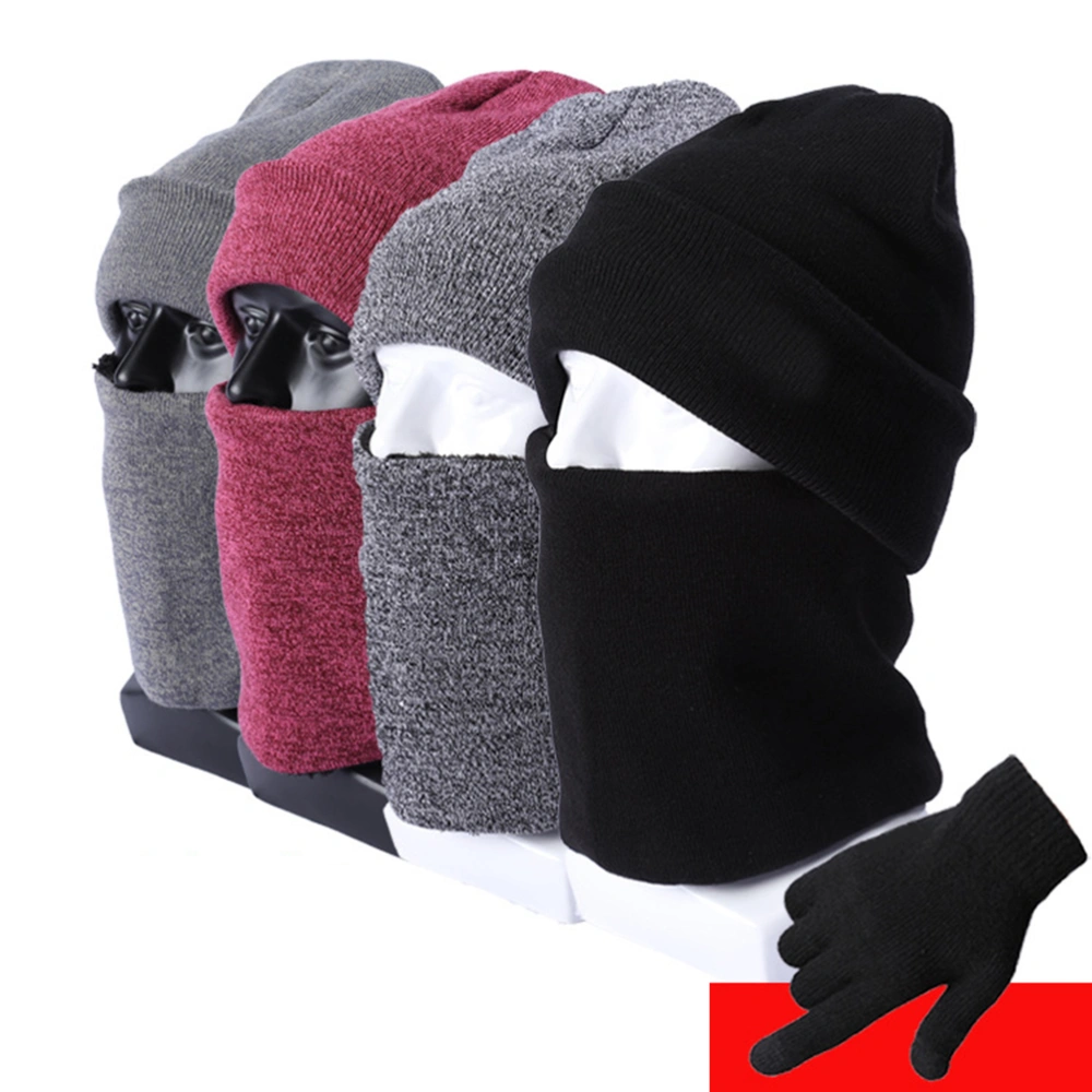 Winter Beanie Set Double-layer Knitted Hat Neck Warmer Gloves Lined for Men Women (Grey)