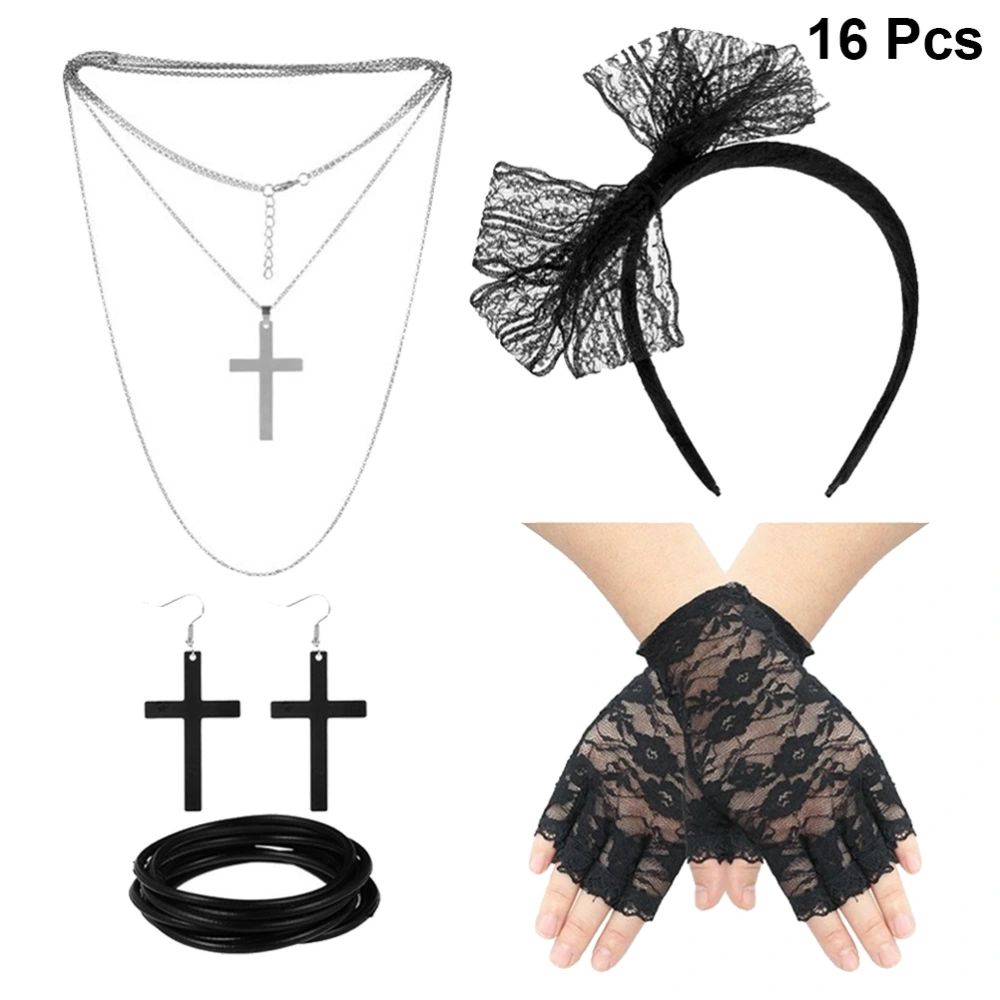 16pcs in 1 Set Black 80s Sexy Dance Dress up Accessaries Headband Lace Gloves Cross Necklace Earring Set Ball Performance Fancy Costume Party Supplies Set