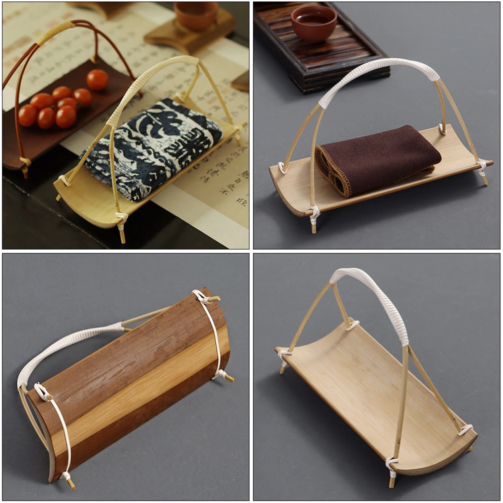 1Pc Creative Tea Towel Holder Bamboo Sushi Dish Tray with Handle Dessert Plate