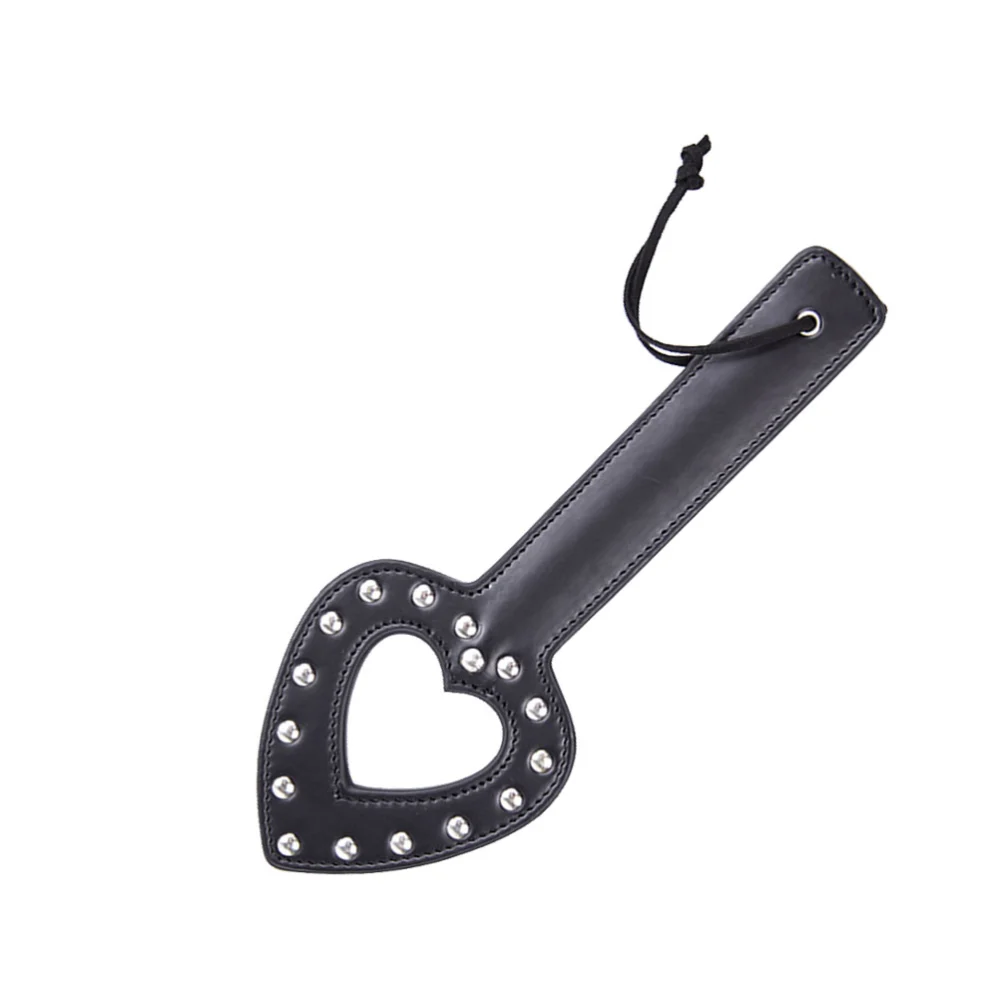 Leather Spanking Paddle Whip Fetish Erotic Flirting Tools with Heart-shaped Cut Outs and Rivets(Black)