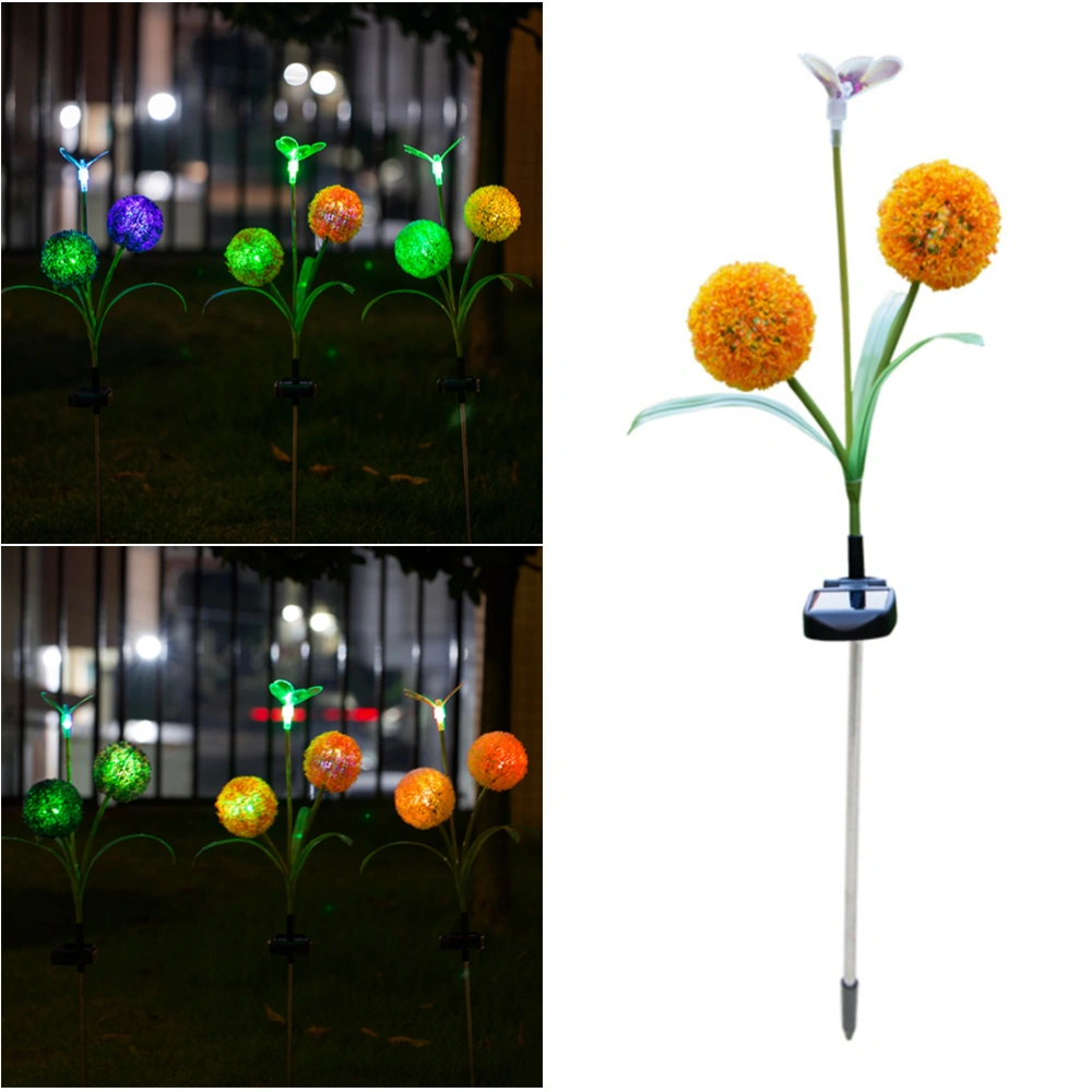 LED Dandelion Shape Lawn Lamp Solar Powered Garden Lamp Stick Lamp Outdoor Decor Light (Orange Flower + Colorful Light + Optical Fiber Butterfly)