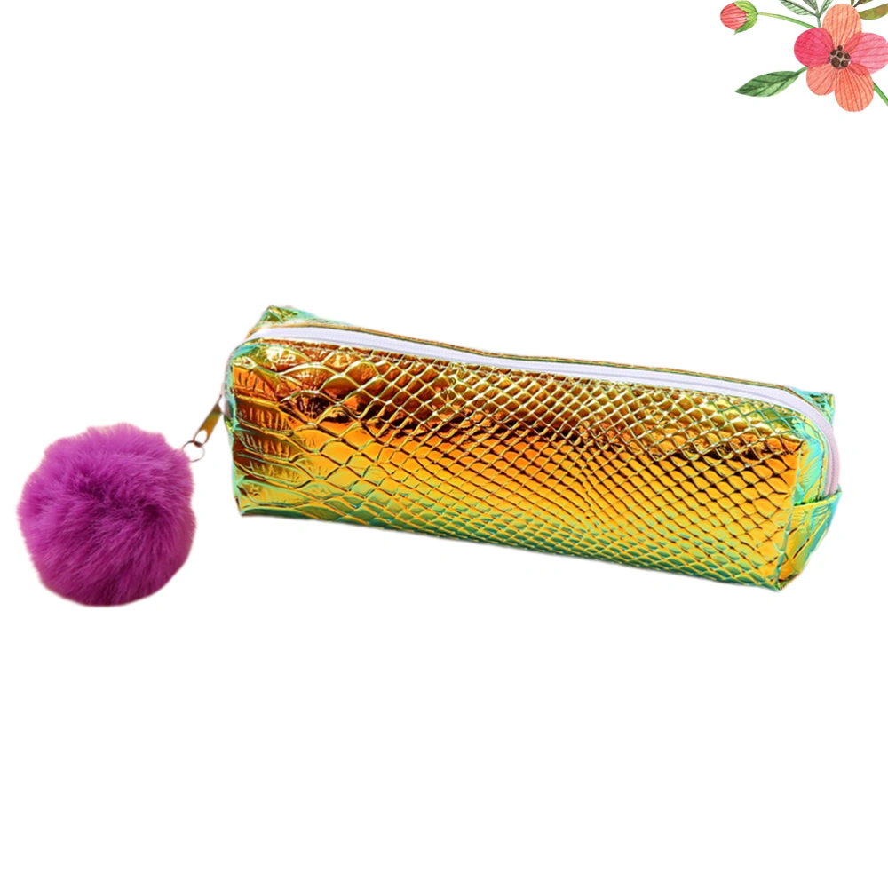 Creative Pencil Case Mermaid Texture PU Pen Bag Hair Ball Fashion Pencil Pouch Pencil Box Bag Girls School Stationery Supplies (Magic Green and Yellow)