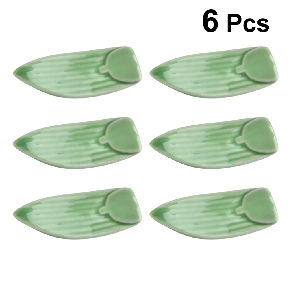 6 Pcs Cartoon Chopstick Holder Bamboo Leaves Shaped Ceramic Spoon Rack Bracket Fork Stand Table Supplies (Green)