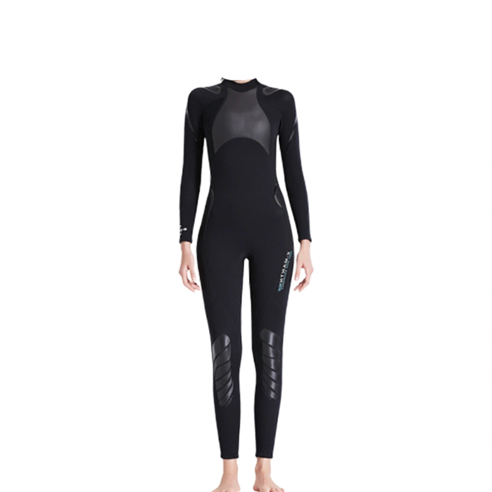 1Pc 3mm One-piece Women Surf Swim Wet Suit Long Sleeve Sun Protection Sets Wear Printing Zipper Diving Suit Size M(Black)