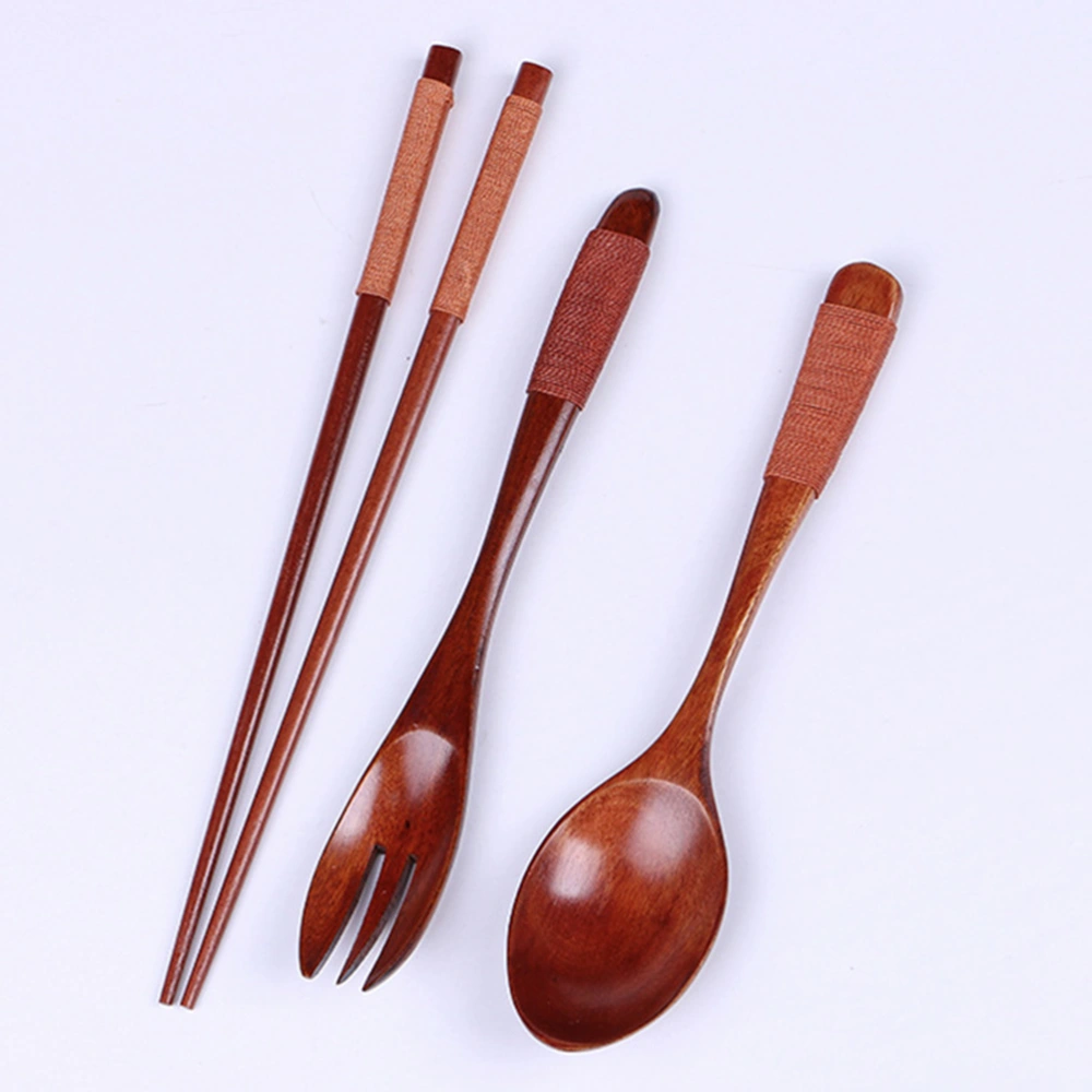 Japanese Style Wind Cloth Bag Tied Line Spoon Chopsticks Fork Set Wooden Spoon Chopsticks Fork Tableware Portable Travel (Brown Rope)