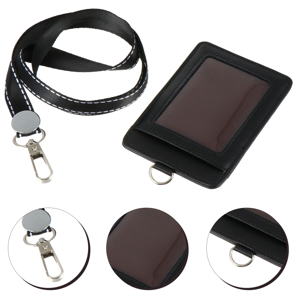 1Pc Portable Leather Name Cards Holder Business Badge Cards Cover with Lanyard