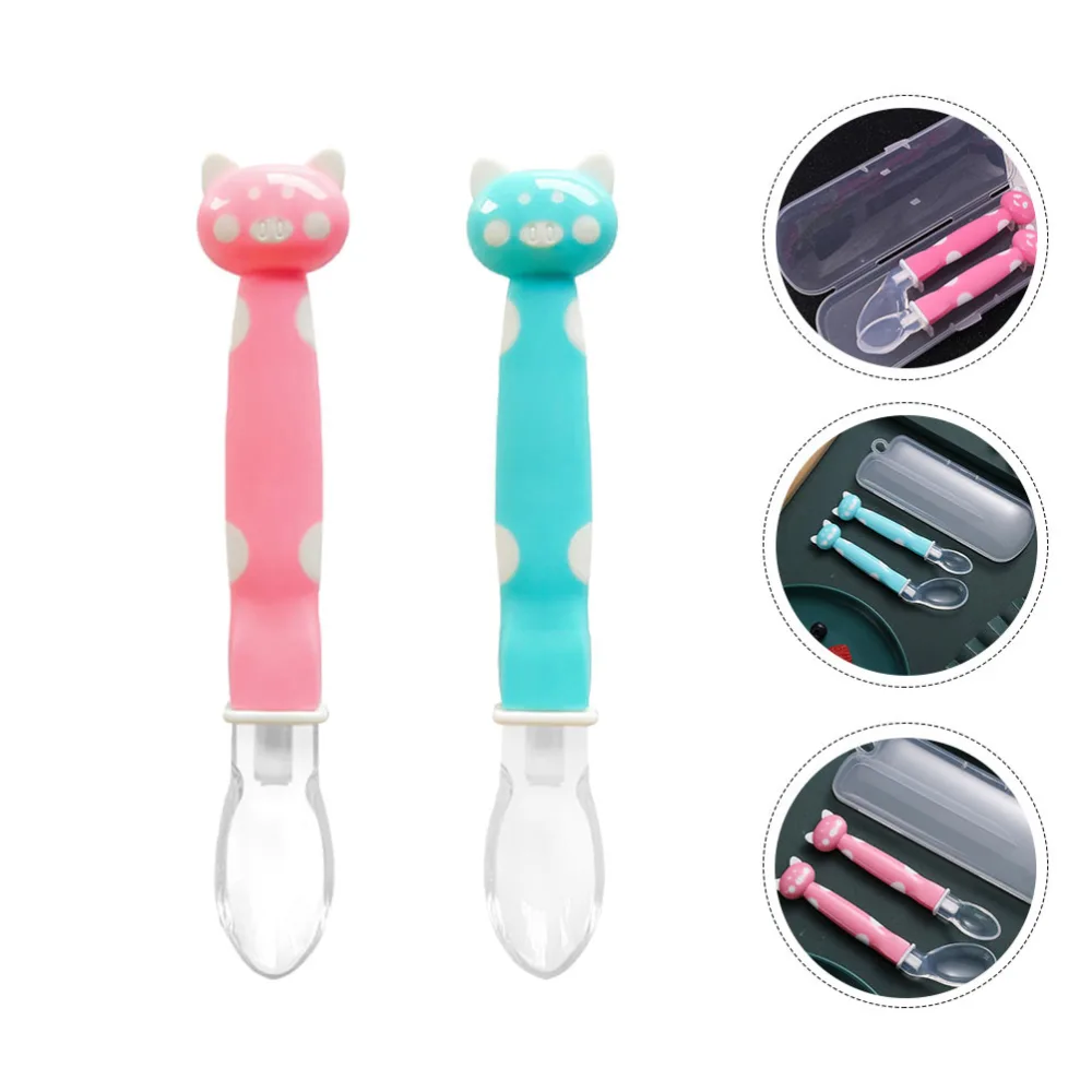 2Pcs Cartoon Kids Soup Spoon Straight Curved Spoon Kitchen Tableware Pink Blue